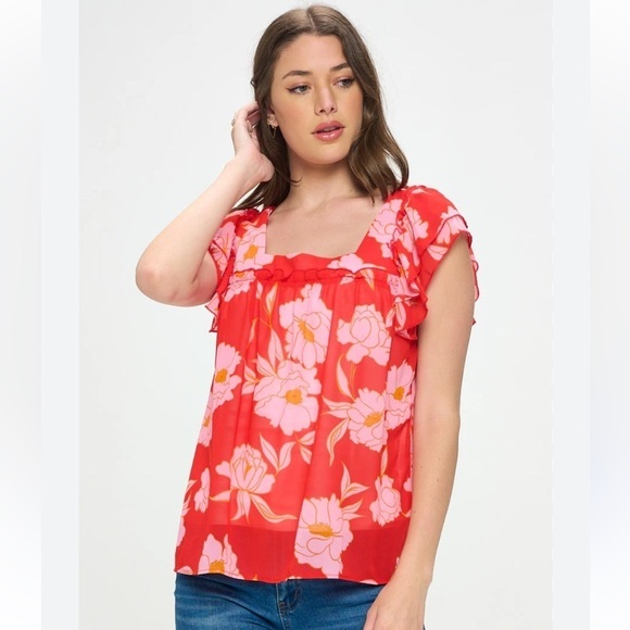 JODIFL Tops - Jodifl Red & Pink Square Neck Floral Blouse